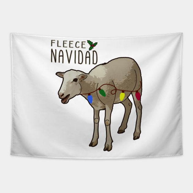 Fleece Feliz Navidad Pun Christmas Sheep with Lights Tapestry by charlescheshire