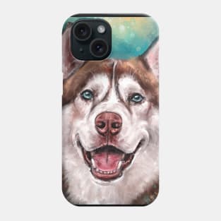 Brown and White Siberian Husky Smiling on Blue background Phone Case