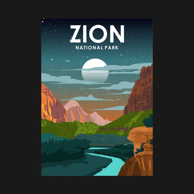 Zion National Park Night Sky Stars Vintage Travel Poster by jornvanhezik