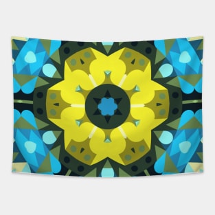 Retro Mandala Flower Blue and Yellow Tapestry