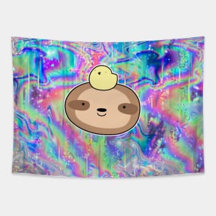 Sloth Face and Baby Chick Rainbow Holographic Tapestry