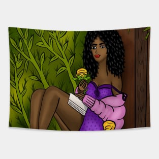 Black woman with flower artwork illustration Tapestry