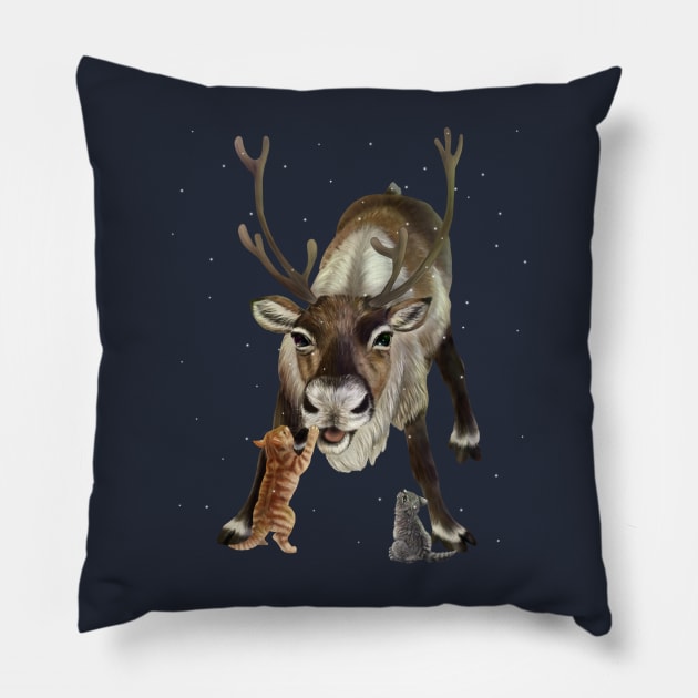 Reindeer and Kittens in the snow Pillow by Mehu Art