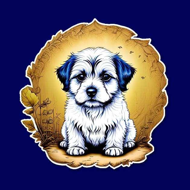 White Havanese Puppy Dog with Black Ears in a Golden Spring Setting by SymbioticDesign