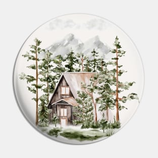 Watercolor Cabin in The Evergreen Forest Pin