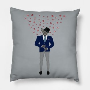 Cat with hearts in suit and hat. Cat gentleman. Pillow