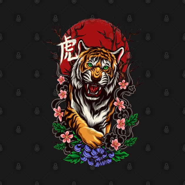 Japanese style tiger and cherry blossom tree by YulsArtwork