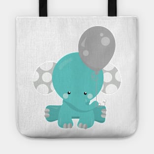 Elephant With Balloon, Blue Elephant, Cute Animal Tote