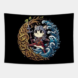 Cute Viking Cat Norse Mythology Celtic Knot Tapestry