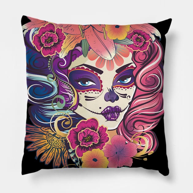 Calavera girl with flowers Pillow by AnnArtshock