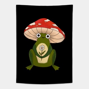 Cute Frog With a Mushroom Hat and a White Daisy Flower Cottage Tapestry