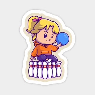 Cute Girl Playing Bowling Cartoon Magnet