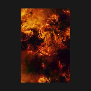 Molten Fire Burst Flames Black and Orange Abstract Artwork T-Shirt