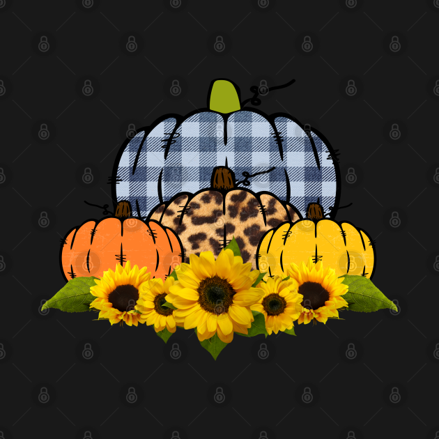 Disover Plaid and Leopard Print Pumpkin with Sunflowers Fall Autumn - Plaid Pattern - T-Shirt