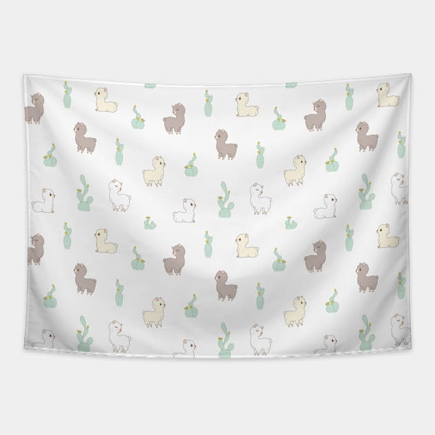 Cactus and Alpacas Pattern in White Tapestry by Noristudio