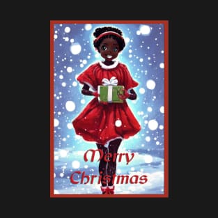 Cute little anime black girl with christmas gift T-Shirt