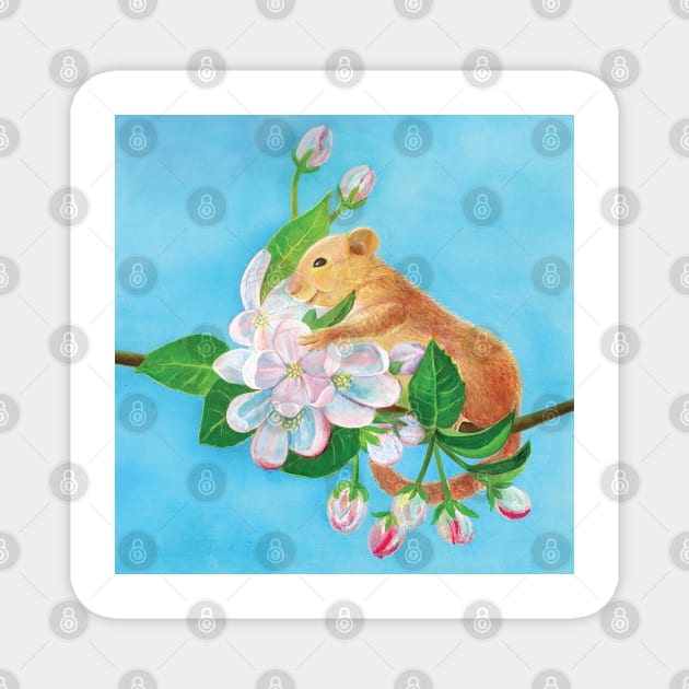 Common dormouse, hazel dormouse climbing in a spring blooming branch Magnet by Julia Doria Illustration