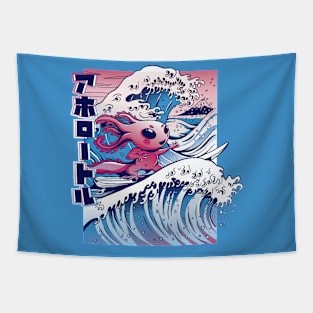 Vaporwave Surfing Axolotl Japanese Anime Style Great Wave Tapestry