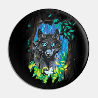 Black Wolf with Glowing Blue Eyes in the Forest Pin