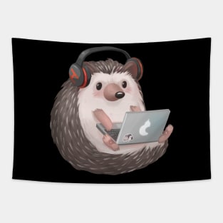 Cute Hedgehog Blogger on a Laptop Listening to Music Tapestry