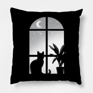 Cat window - Kitty looking stars - infinite night - beautiful moon Pillow