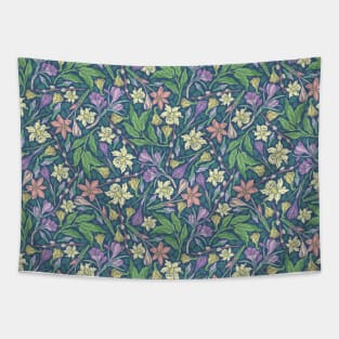 Yellow jonquil with purple crocuses and willow branches on dark background Tapestry