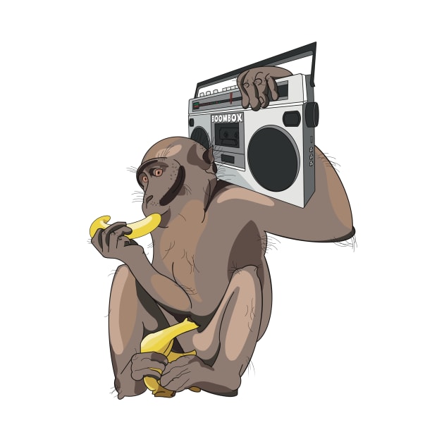 Funky monkey eating a banana listening to a boombox by Fruit Tee