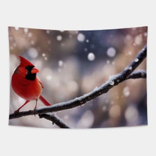 Cute little red bird on a branch at winter Tapestry