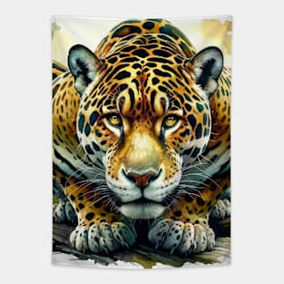 Jungle Majesty: Striking Jaguar Watercolor Tapestry