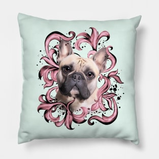 French bulldog, pink decorations leaves, frenchie lovers gift Pillow