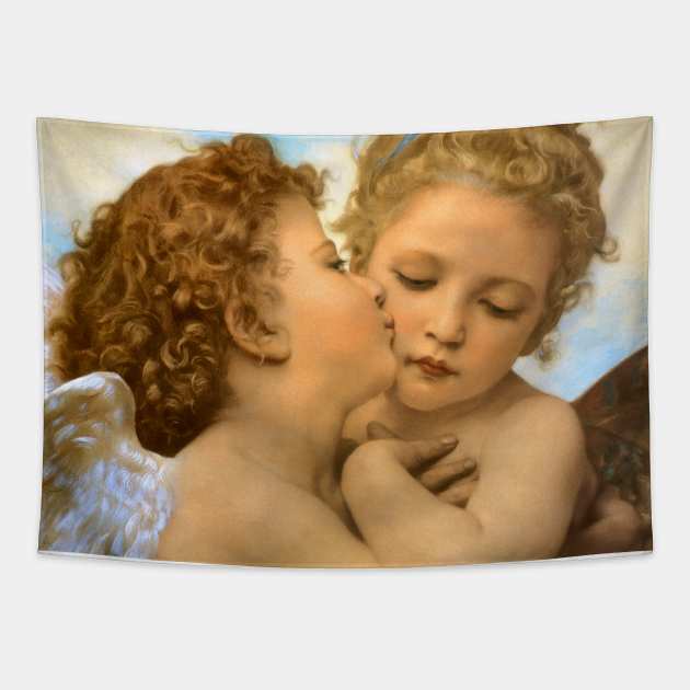 The First Kiss, angels detail by Bouguereau Tapestry by MasterpieceCafe