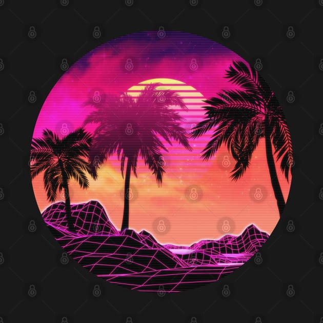 Pink vaporwave landscape with rocks and palms by AnnArtshock