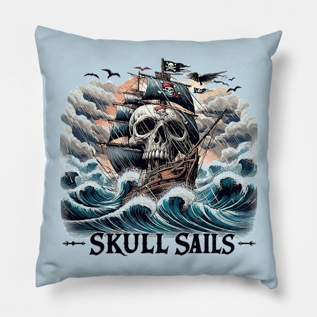 Pirate Ship, Skull Sails Pillow by Vehicles-Art