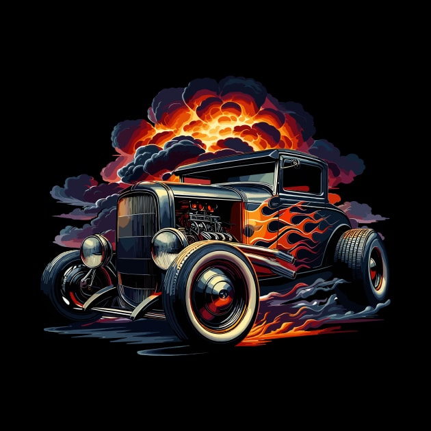 Explosive Flaming Hot Rod with Flames Paint Job Custom Car Retro Style Hot Rod Vintage Custom Car by Tees 4 Thee