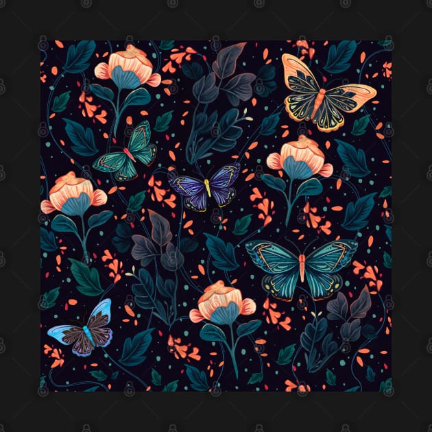 Butterflies and plants night elegant seamless pattern handmade illustration painting by astronauticarte