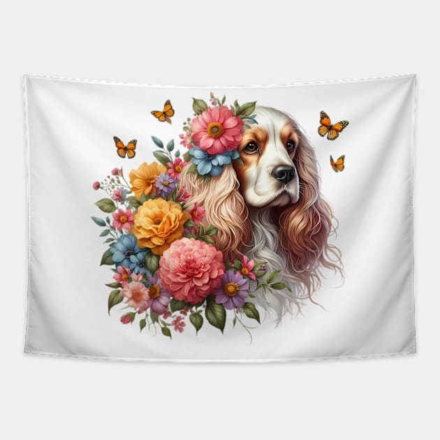 An English cocker spaniel with beautiful colorful flowers Tapestry by CreativeSparkzz