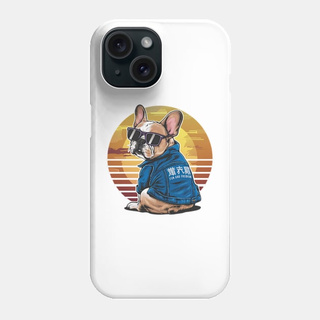 A vibrant vector illustration of a French Bulldog wearing sunglasses and a blue jean jacket, embodying a carefree Phone Case by YolandaRoberts