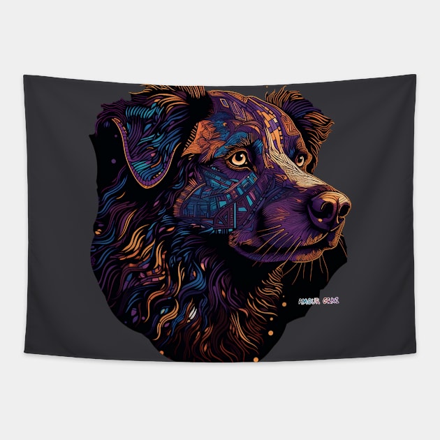 A Border Collie Dog's Muzzle Covered in Colorful Swirls Tapestry by Amour Grki