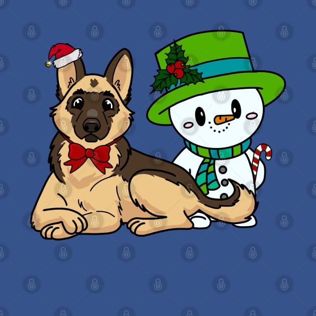 Christmas / Holiday German Shepherd and Snowman by Inugoya