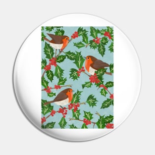 Three little paper cut robins on a holly bush Pin