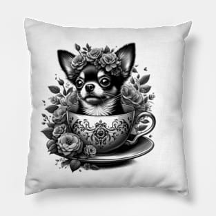 chihuahua peeking dog out from a teacup, surrounded by delicate flowers Pillow