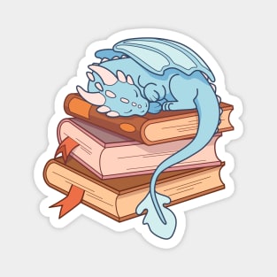 Little blue dragon sleeping on a stack of books Magnet