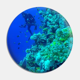 Coral reef and scuba diver Pin