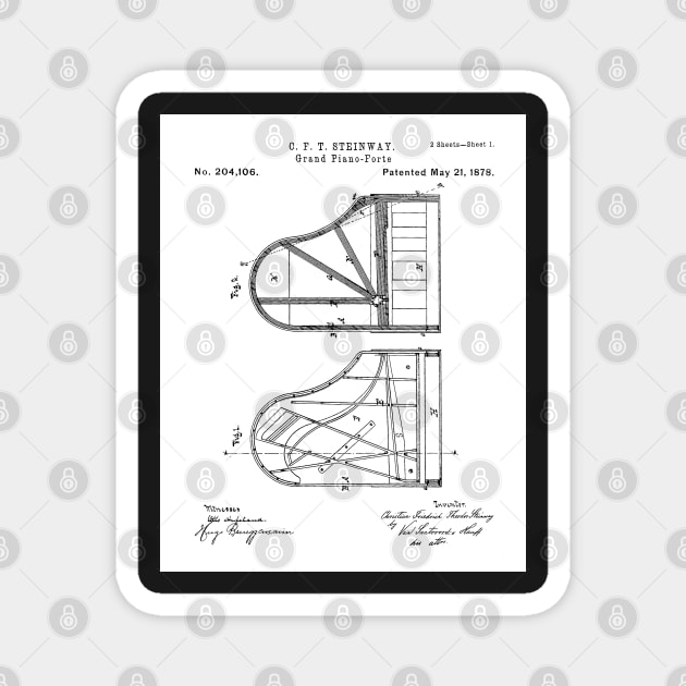 Steinway Grand Piano Patent - Piano Player Art - Black And White Magnet by patentpress