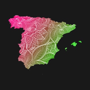 Colorful mandala art map of Spain with text in pink and green T-Shirt