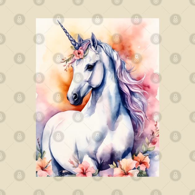 Watercolor fantasy unicorn with flowers by AnnArtshock