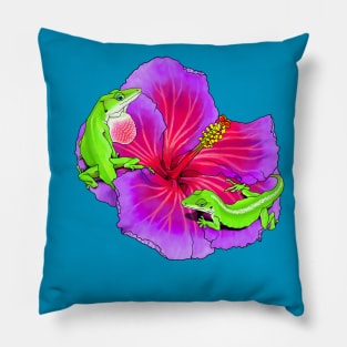 Green Anoles on Flowers Pillow