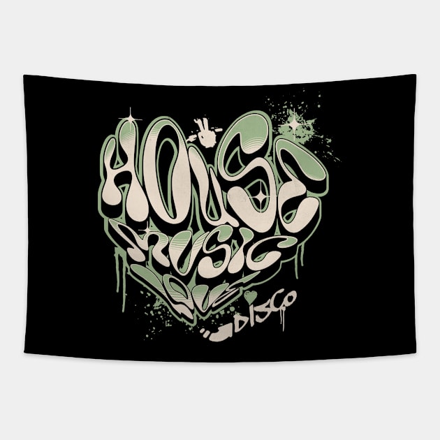 HOUSE MUSIC - Graffiti Love Heart (army green) Tapestry by DISCOTHREADZ 