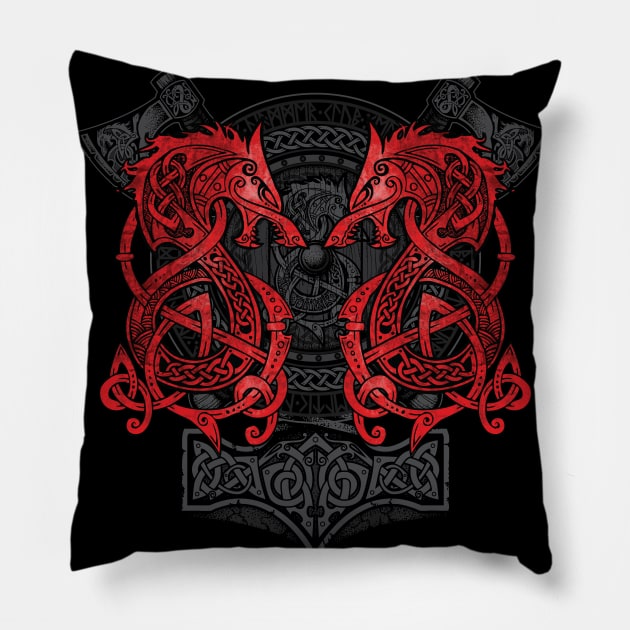 Fighting Fenrir Red Pillow by celtichammerclub