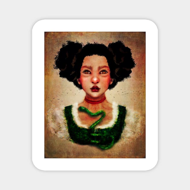 Gothic Witch Girl With Natural Hair and Emerald Green Snake Manga Style Digital Art Lilith Magnet by penandbea